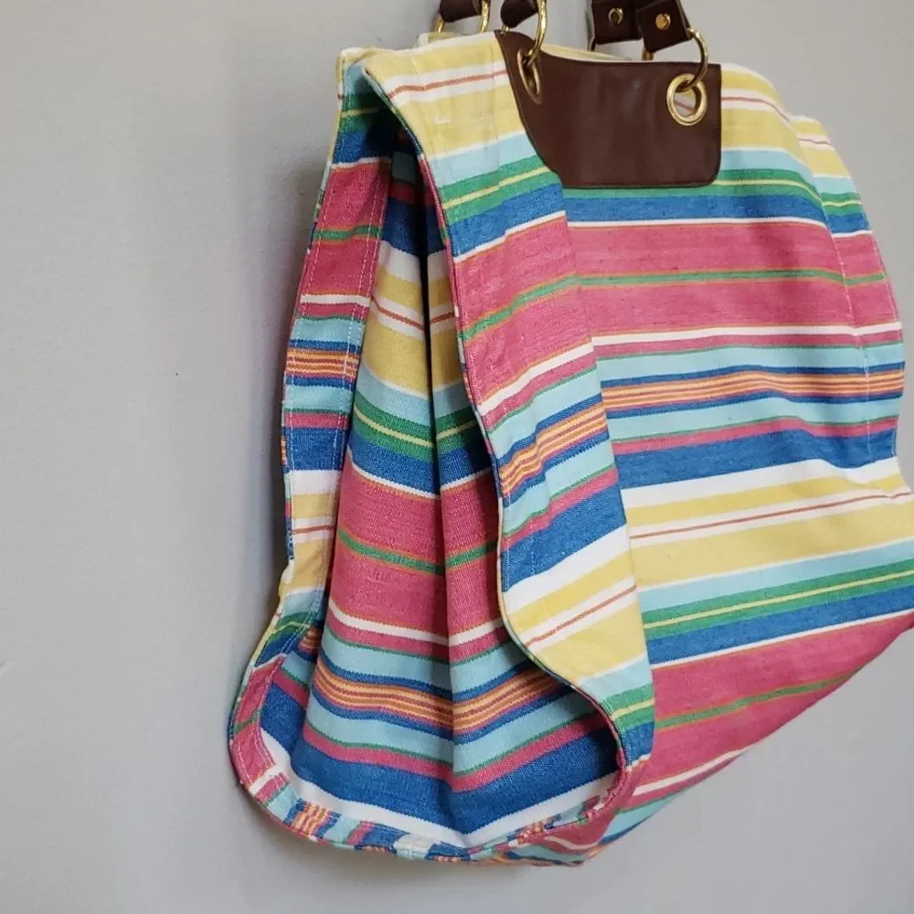 Talbots Tote Colorful Striped Cotton Leather Double Handles XL Beach Mom Stuff